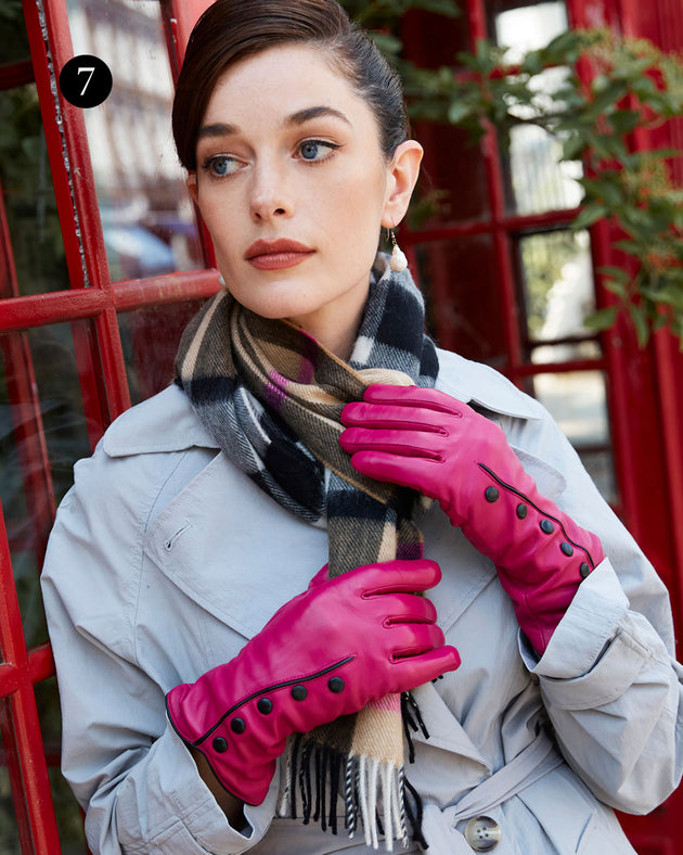 women's fuchsia leather gloves with buttons