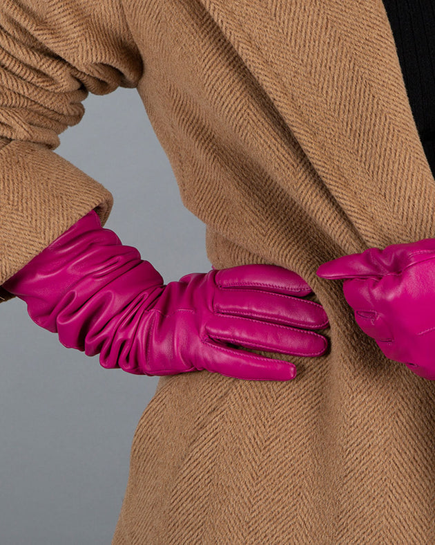 women's pink long leather gloves